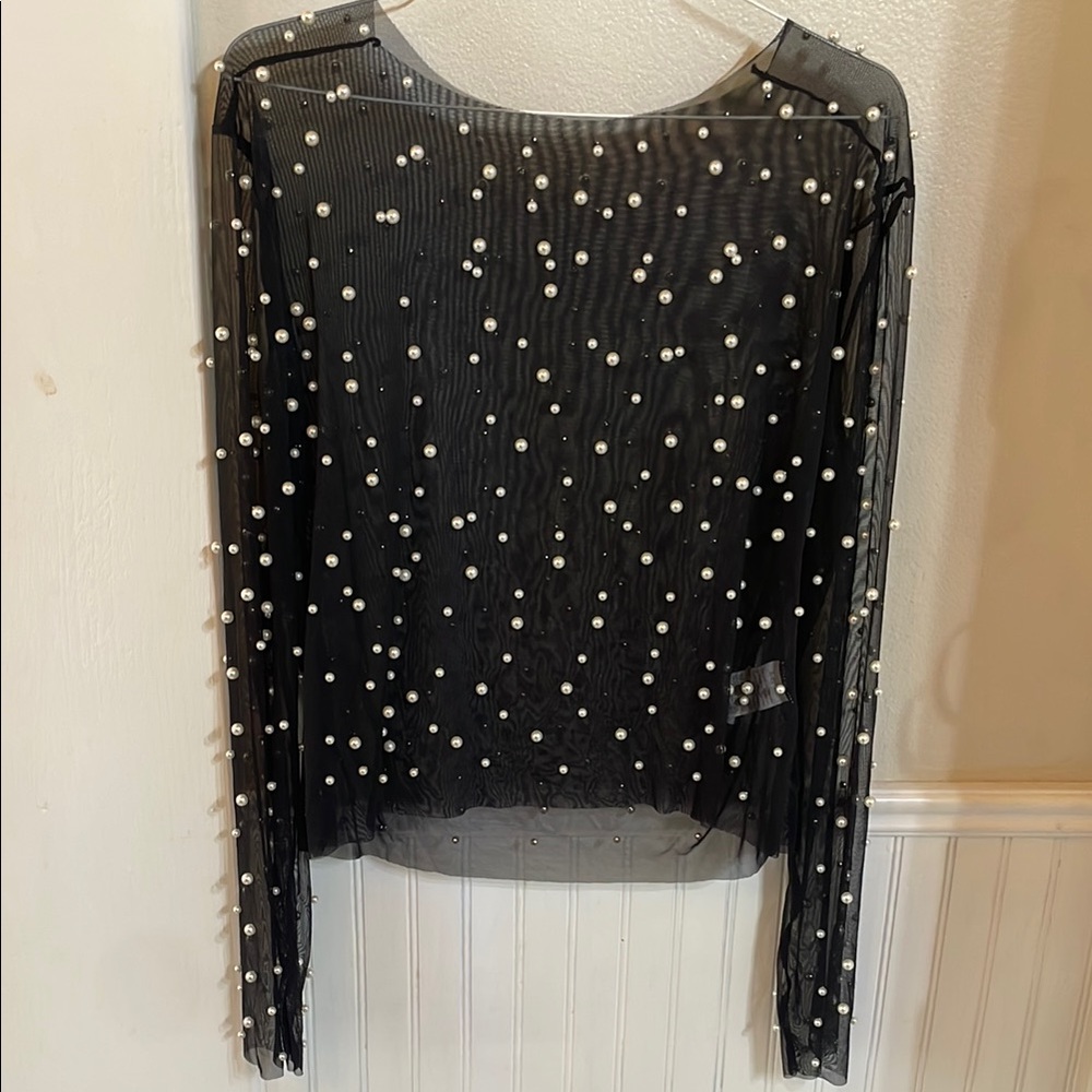 Elegant Black Sheer Top with Pearl Embellishments - Picture 2 of 4